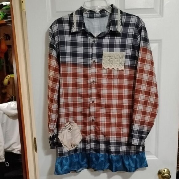 Tops - Red and Blue Long Sleeve Button Down Shirt with Notched Collar